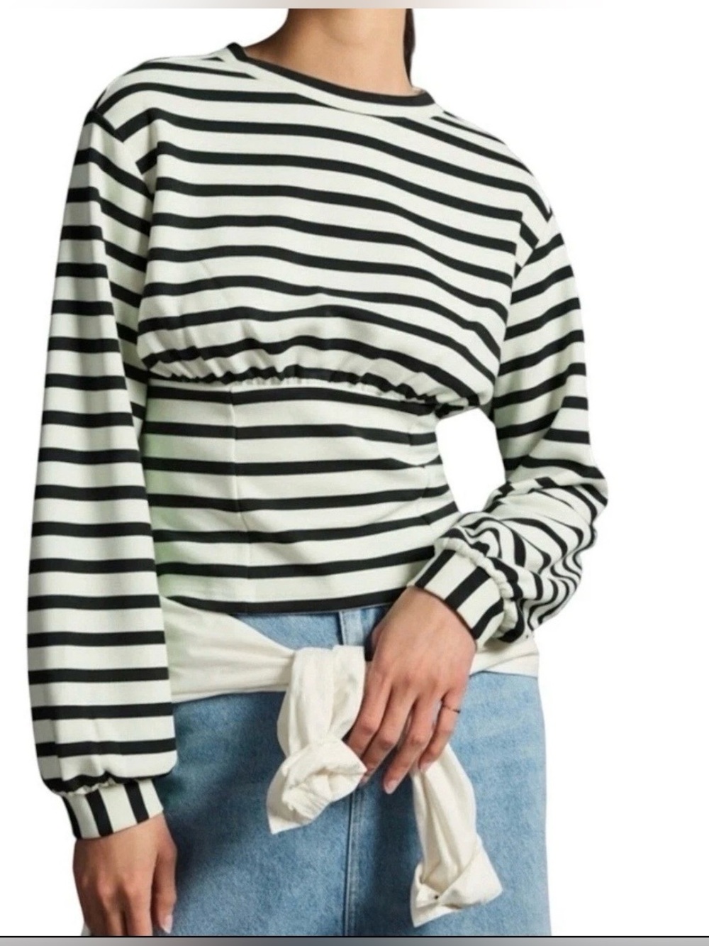 Anthropologie Maeve Striped Cinched Waist Long Sleeve Top M Black White